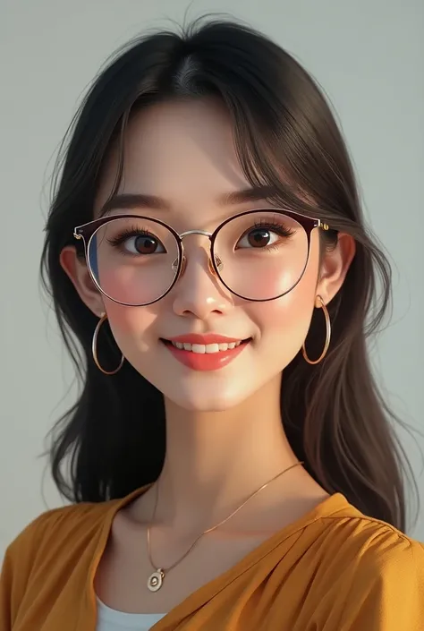 Photorealistic shiny Mohd Zawawi Muda beautiful Asian lady with a nice face and charming smile, wearing glasses. She has a happy gesture on her face, captured in a crosshatching style