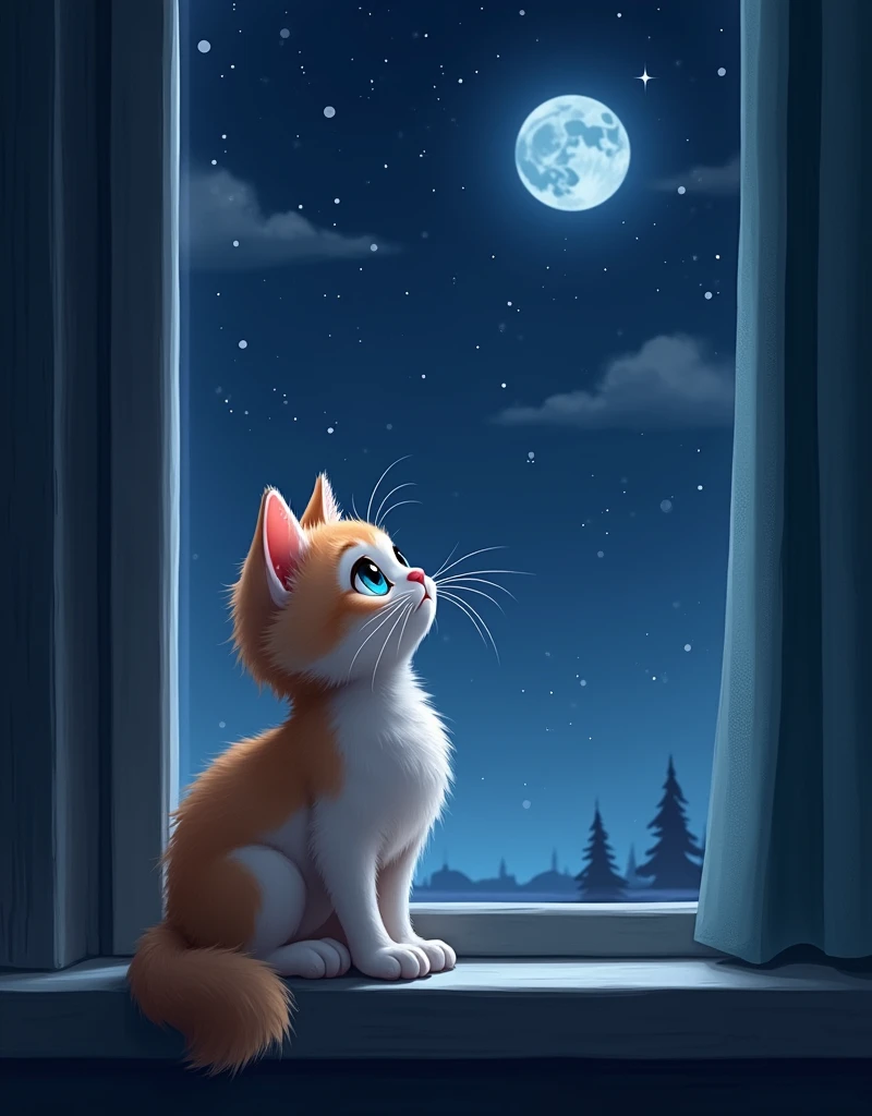  The little kitten  (Small kitten with white and orange fur, blue eyes, small round ears, and a fluffy tail, looking curious) Sits on the windowsill. The night is dark , , the stars sparkle brightly in the sky ,  and in the center of the sky there is a hug...