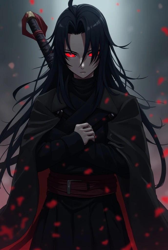 I want you to create an anime image ,  whose main character is blind but has red eyes that when opened he activates, he has long, black hair similar to the orochimaru from Naruto with a clothing look similar to the clothes of the Anbu hunters from the anim...