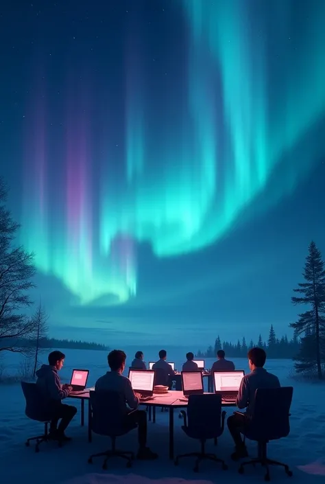 make a photorealistic image with unique colours showing a aurora borealis in the backgroond while there are university students coding on pc but dont let the center of attraction let the aurora background be the element popping keep the space used by the c...