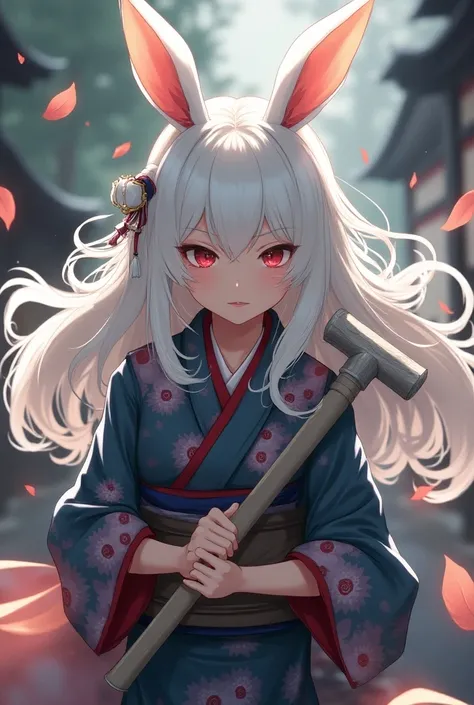 White hair,Anime woman,Rabbit ears,hammer,kimono  