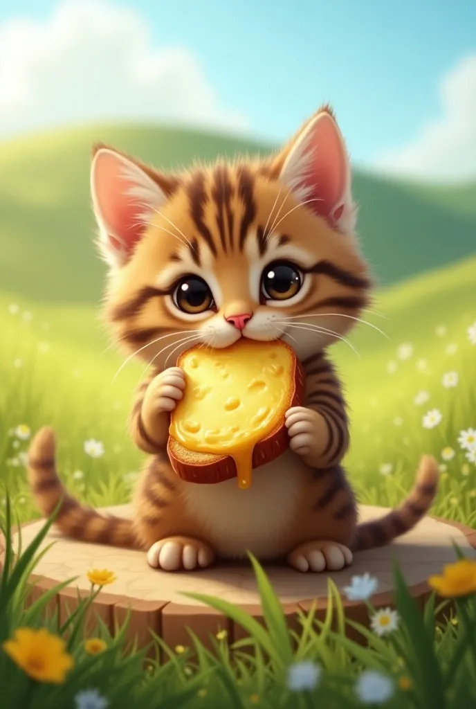 The cutest brown tiger pattern kitten in the world eats a slice of French bread with hot cheese on it so deliciously、Realistic、Happy Landscape、Warm lighting、Picnic in the meadow