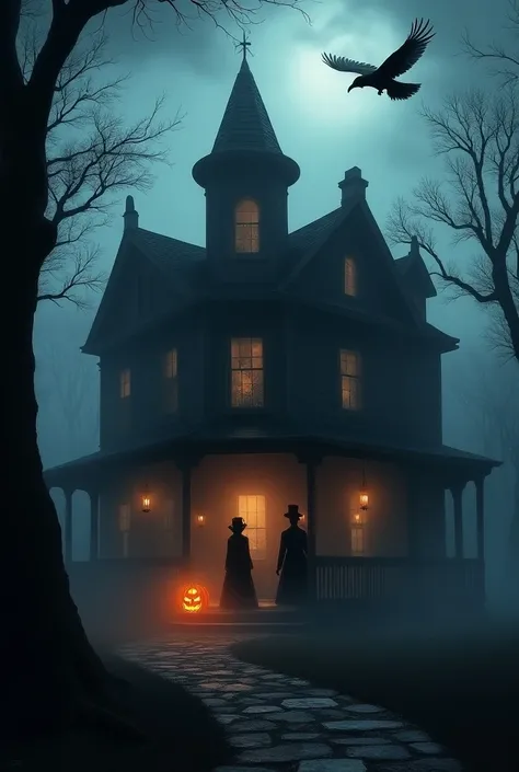  An old, dark mansion in the midst of fog , surrounded by crooked trees . at the entrance,  shady figures in top hats and Victorian dresses,  illuminated by the dim light of lanterns .  A crow flies over the stormy sky ,  while a carved pumpkin lights up o...