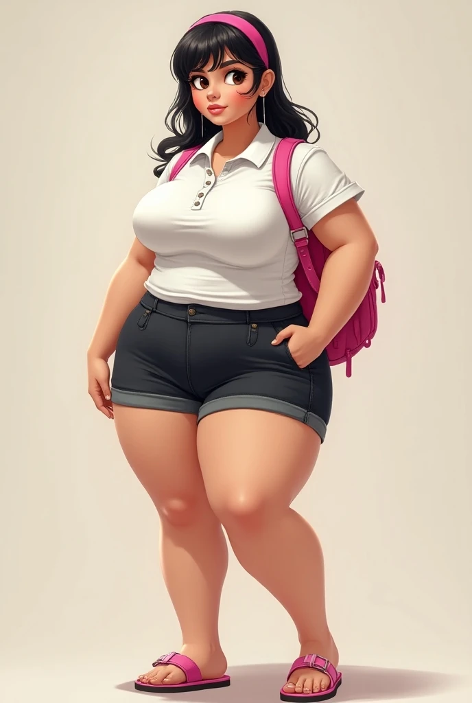 huge breasts, Massive Tits, big breasts,  huge butt,  massive back , legs, cuerpo perfecto, Beautiful face, cartoon,  black hair,  brown eyes costume,  bright pink headband , pink backpack ,  tight black shorts showing her very large butt , polo blanco aju...