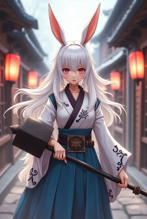 White hair,Anime woman,Rabbit ears,large hammer, Japanese clothing 