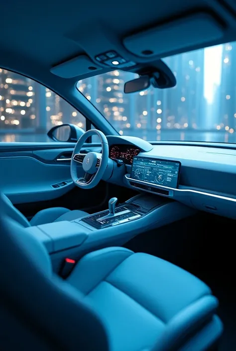 a car in the inside with many technology
