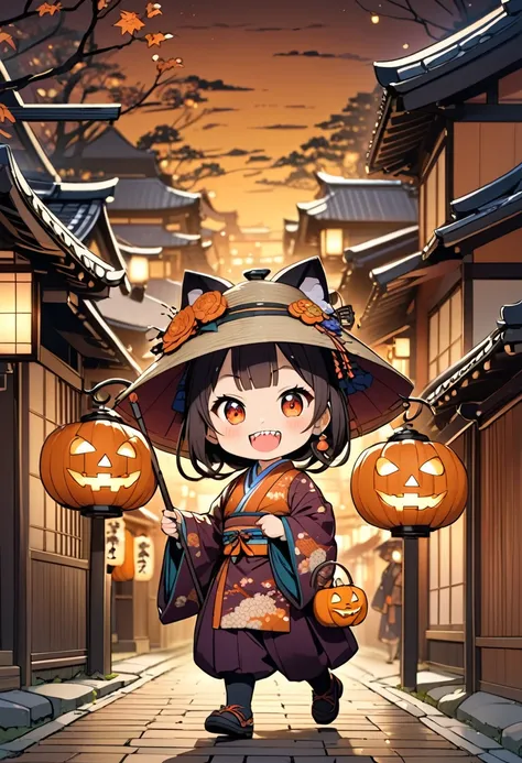 (masterpiece, best quality),
chibi, Japanese-style Jack-o-lantern at the Edo period. pumpkin-head,
(The pumpkin head has a mischievous grin with glowing eyes and sharp teeth),(hat made of braided straw),,cheerful walking,
Jack-o-lantern wears traditional J...