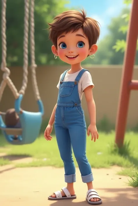 White girl, realistic, 9y, normal body, 1:4, standing, side view, blue tight jumpsuit, very tight jumpsuit, high waist, white sandals, short pixie hair, brown hair, small earrings, blue eyes, joyful smile, playground, s in background