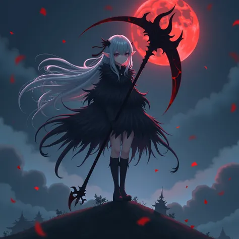 1 girl, anime, grayish black hair, long hair, grayish white eyes, pointed ears, wearing a short black feathered dress, carrying a black and red scythe, black and red aura, on top of the palace hill, red moon, dark blue sky clouds, High Resolution, Best Qua...