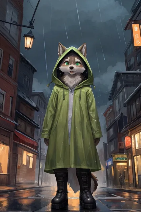 male wolf, kemono, anthromorpophic, brown fur, green eyes, wearing transparent raincoat, in the rain, wearing boots, soft shading style, cozy illustrative design, posted in e621, detailed, dynamic perspective, city background, night, street light, ear flop...