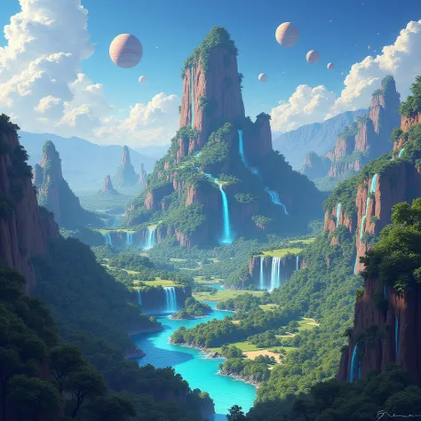 A super large map illustrated of an island, forest, grass lands multiple rivers and falls, 6 islands, rainbow colors, avatar movie kind of background, floating rocks with veins, planets in sky,