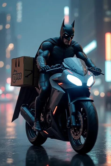 Batman on a motorcycle ,futurist,  with an iFood food delivery bag on his back