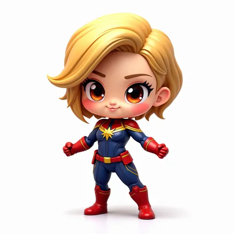 A Chibi version/cartoon/Anime and Furious , From Marvel character  " Captain Marvel ".  She is in a heroic and dynamic action pose where her great power is evident.  white background,   8k Board Game Design. 