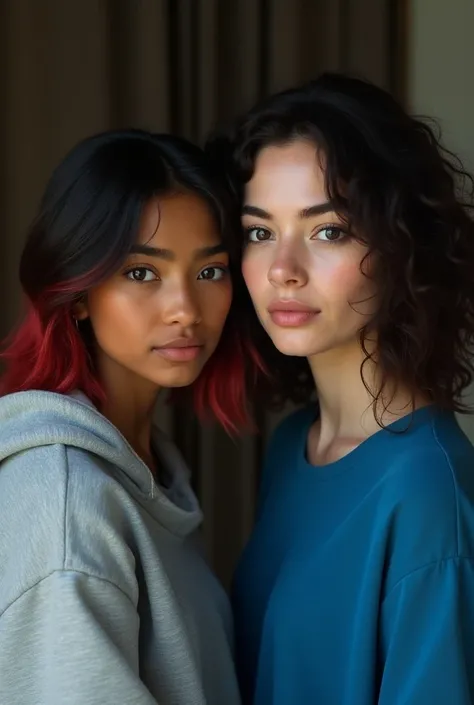 a short girl , with darker skin, black eyes, medium and dark hair with red tips,  wearing a gray sweatshirt ,  another girl has dark curly hair , light skin,  dark eyes and wearing a blue blouse .