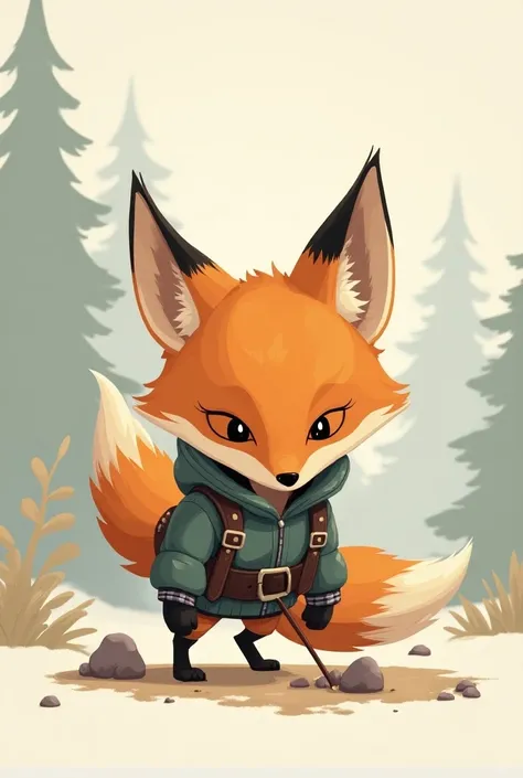 A small fox with clothes, hes illustrated and, hes frearless and hes seaching something on the ground, It is displayed from the side and hes looking at that thing on the ground 
