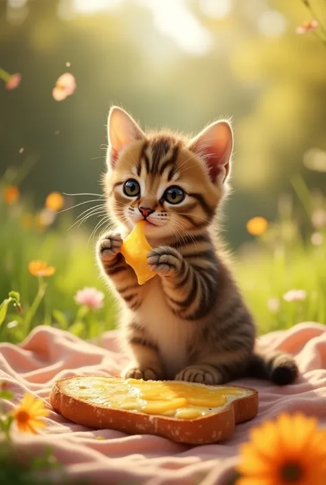 The cutest brown tiger pattern kitten in the world eats a slice of French bread with hot cheese on it so deliciously、Realistic、Happy Landscape、Warm lighting、Picnic in the meadow、Happy smile