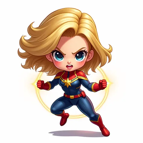 A Chibi version/cartoon/Anime and Furious , From Marvel character  " Captain Marvel ".  She is in a heroic and dynamic action pose where her great power is evident.  white background,   8k Board Game Design. The illustration must be done in the same style ...