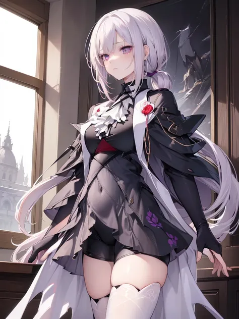 (best quality:1.3), (masterpiece:1.3), (illustration:1.3), (ultra-detailed:1.3), (imid shot:0.9), 1girl, medium breasts, purple eyes, (((white hair))), hair ornaments, young, outfit-gladiia, long hair, tied hair, indoors, black shorts, thigh-highs, low pon...