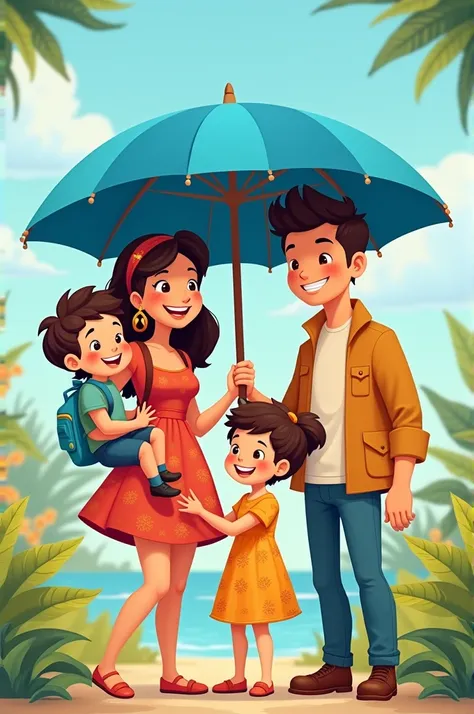 Cartoon image of father mother holding a blue umbrella and boy and girl all wearing colorful clothes