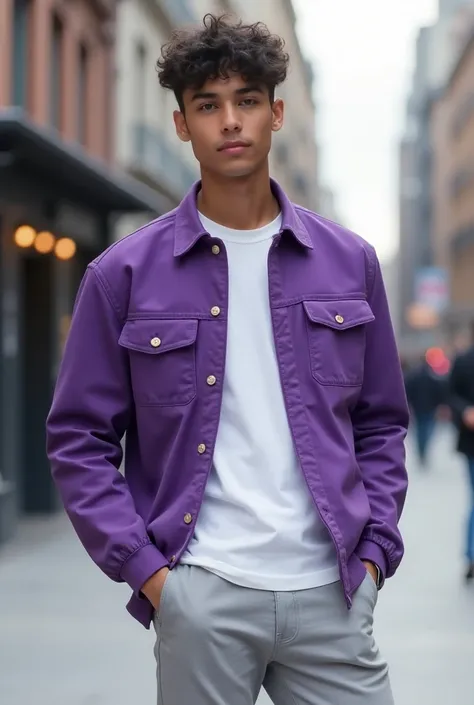 purple jacket, white t-shirt, light gray pants, man