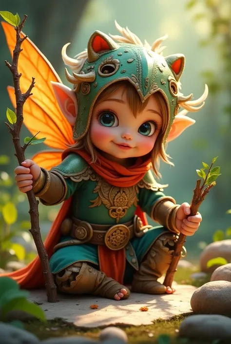 Young cute little fairy warrior in armor with a branch in one hand and a stone in the other hand drawing  .Colorful realistic baby toddler