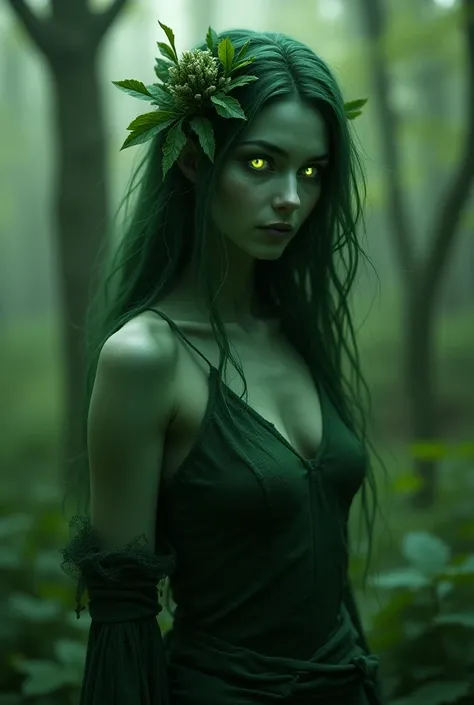 upper body shot, ghostly dryad, ethereal and unreal appearance, forest green skin, glowing green eyes, forest green hair, natural adornments, clothing made of natural materials, complex fantasy character, NSFW