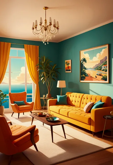 Create a retro-style digital illustration of a whimsical , quirky but minimalistic welcoming living room through a soft  lense. The scene should have strong contrast between the furniture and decor and the bright living room with golden light casting drama...