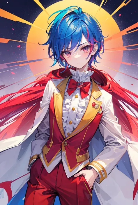 1boy, standing portrait, Central Focus, Centered, Fully in-frame, Solo, Standing still, zoomed out

Gender: male

Appearance: rainbow-haired ringmaster boy with colorful clown hair, red nose, he wears a circus ringmaster attire with a coat and bowtie, his ...