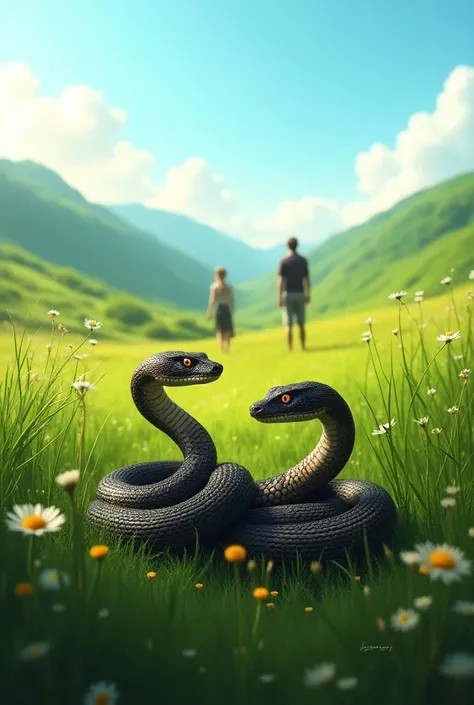 two snakes on a meadow watching a man and a woman from afar
