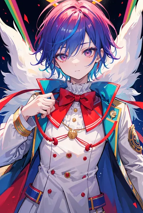 1boy, standing portrait, Central Focus, Centered, Fully in-frame, Solo, Standing still, zoomed out

Gender: male

Appearance: rainbow-haired boy with colorful clown hair, red nose, he wears a circus ringmaster attire with a coat and bowtie, his coat has ka...