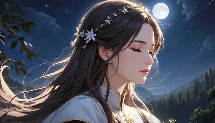 (( best quality)), ((masterpiece)), ( Details),  1 girl, Pray to God, Close your eyes,  perfect face, Perfect Nose, Perfect Mouth, wilderness, moonlight, Vision