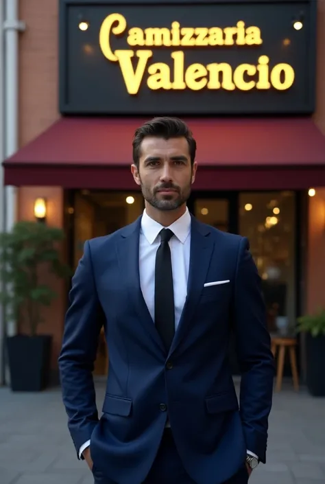 Stylish man wearing a navy blue suit in front of a sign written by Camizzaria Valencio 