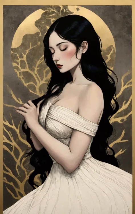 chiaroscuro technique on sensual illustration of an elegant woman, A dark-toned figurative painting of a female figure, blending abstract and realism, vintage ,silky eerie, matte painting, by Hannah Dale, by Harumi Hironaka, extremely soft colors, vibrant,...