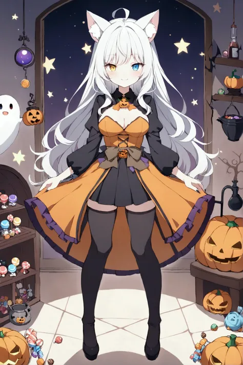 best quality , ultra detailed , highres ,anime style , from front , whole body , look at viewer ,One woman, long white hair, heterochromia,yellow right eye,blue left eye, cat ears, solo, medium breasts, viewer,Halloween,alchemy,witchs pot,witch,use alchemy...