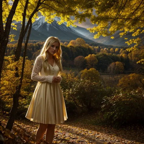 A young beautiful blonde woman, 18 years old, in a serene autumnal forest landscape, mountains in the background, sunlight filtering through the trees, leaves swirling around, an ethereal, almost ghostly atmosphere