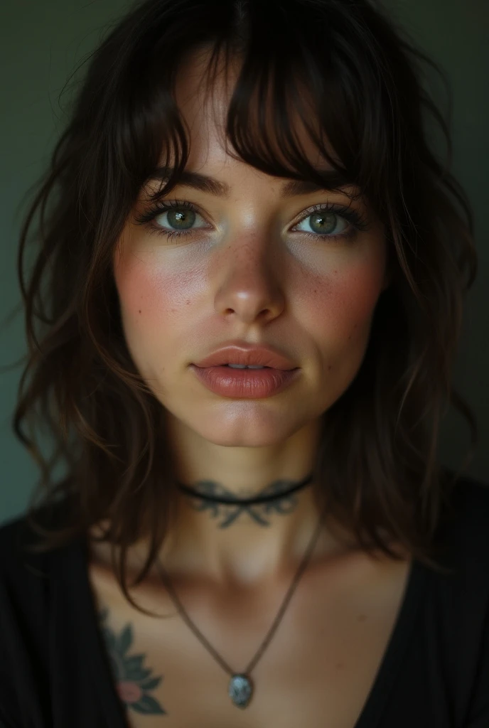 photo,medium hair,detailed face, detailed nose,freckles,collar or choker,smirk,tattoo,realism,raw,analog,woman,photorealistic,analog,realism, instagram model, 80mm, selfie
