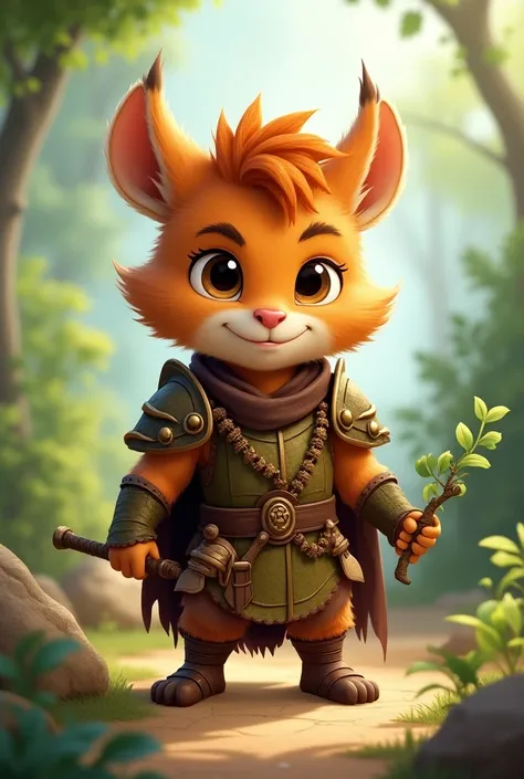 I show cute little furry  , warrior in armor with a branch in one hand and a stone in the other hand drawing  . colorful realistic teenage baby boy ,cartoon in HD