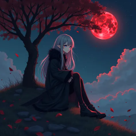 1 girl, anime, grayish black hair, long hair, greyish white eyes, pointed ears, wearing a black furry dress jacket, carrying a black and red scythe, black and red aura, manipulating blood, on the top of a hill sitting under a tree, red moon , dark blue sky...