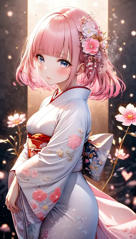 conceptual installation line artwork, cute beauty, pink glossy silky straight hair, blunt bangs, makeup, amorous expression, cortesy, elegance, dignity, captivating eyes, curvaceous, wearing white Japanese kimono with shiny glossy white embroidery, dreamy ...