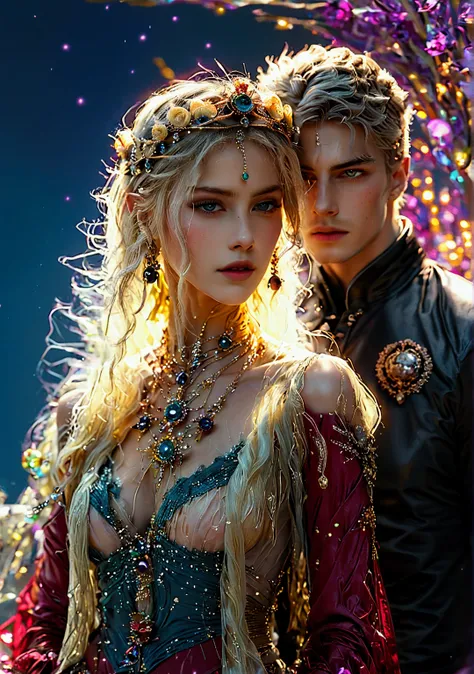  Picture of two people ,  Short Silver haired man.  Golden blonde woman .  Facing each other .  Loving gaze . Queen and King . hugging each other. near visual.