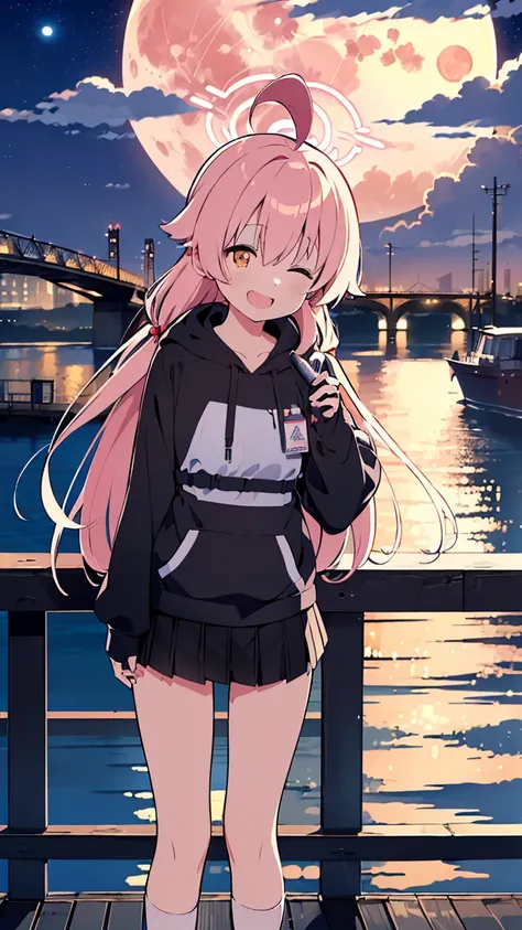 masterpiece, Best Quality,  High Resolution ,  very detailed ,(((Takanashi Hoshino))), ((( Black Hoodie ))), ((( miniskirt))), (((Hair ties))), ((( far away in the background of a storefront))), (((Positive。))), (((On Bridge))), (((night))), ((( is laughin...