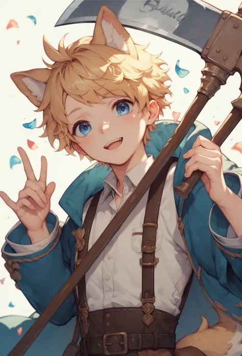 single male, Wearing a big axe and blue suspenders,short blonde, Blue eyes,  dog with ears and tail, holding an axe,Illustrated fantasy style,cute and beautiful face,Otokonoko