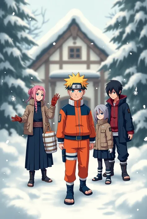 Create a Naruto advent calendar image with the characters in the snow