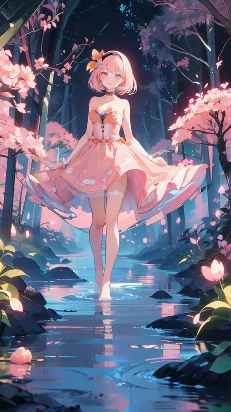 (pink strapless dress :1.5), 銀色の長いhair, black _  headband , X-Shape _ eyebrow,  headband , poe _ hair, 前hair, Bare shoulders, Full Body Shot, black stockings, (Peach Blossom Forest:1.3)，Creek，barefoot，Soak your feet，