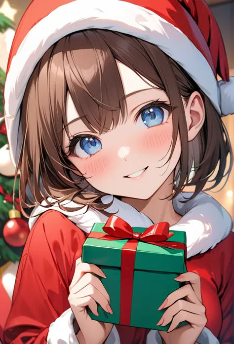  upper body close-up （((masterpiece), On)、Small breasts、 perfect face, Short brown hair, Beautiful Blue Eyes, Japanese, Beautiful Face,   she is wearing a Santa Claus costume , Wearing bright red clothes  . blush、 smiling and holding presents , 
