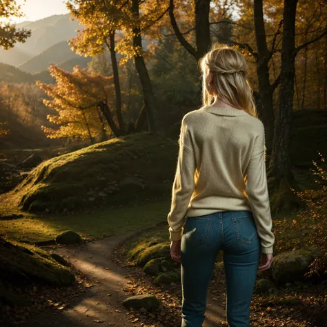 a young beautiful blonde woman, 18 years old, serene autumnal forest landscape, mountains in background, sunlight filtering through trees, leaves swirling around, ethereal almost ghostly atmosphere, woman standing further away seen only from behind, skinny...