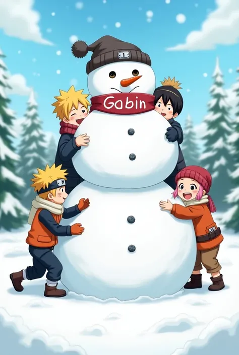 Create an image of Naruto characters making a snowman with a scarf written Gabin and a hat with the number 1