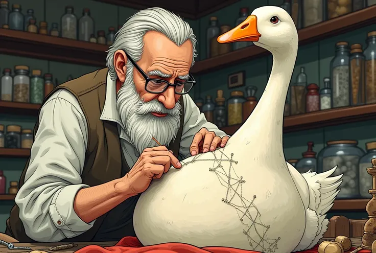 comic, old man stitching goose belly