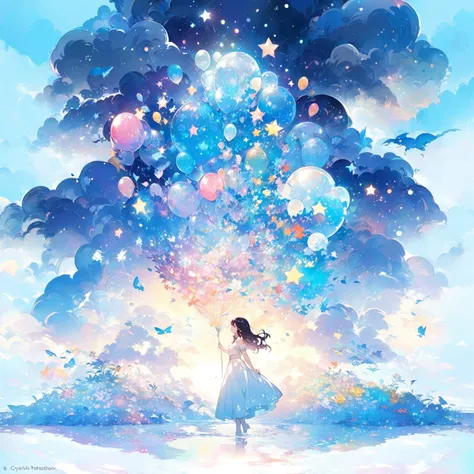  A woman is standing in front of a pile of balloons ,  beautiful artwork illustration ,  Makoto Shinkai Cyril Rolando ,   anime with beautiful anime art work, Official Artwork,   Anime Fantasy Illustration  ,   anime with beautiful anime art , Digital art ...