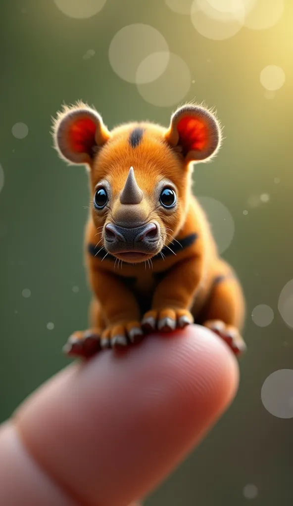 "A hyper-realistic digital rendering of an impossibly tiny rhinoceros cub perched on a human fingertip. The cub, no larger than a thumb, displays intricate details: vivid orange fur with black stripes, large expressive eyes, a pink nose, and fine whiskers. Its small rounded ears and tiny paws are visible as it sits alertly, gazing directly at the viewer with a curious expression. The background is a soft-focus outdoor scene with muted greens and yellows, featuring a bokeh effect of circular light spots. The image seamlessly blends photorealistic textures with fantastical proportions, creating a captivating and whimsical portrait of miniature wildlife."